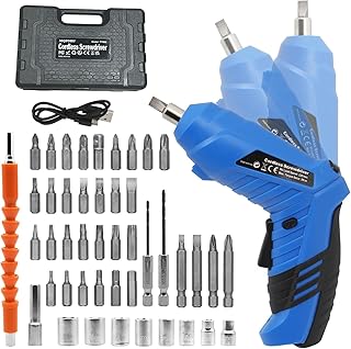 Blue Cordless Electric Screwdriver Set, 3.7V Rechargeable Small Electric Drill with 47pcs Driver Bit Set, Power 3Nm Screw Gun with 2 Position Handle, Flexible Shaft LED Light for Men Women