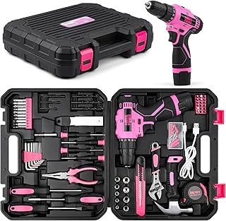 152PCS Home Tool Kit with 12V Cordless Drill, Pink