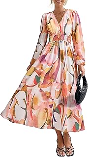 Women's Floral Midi Dress Casual Fall V Neck Long Sleeve Flowy Spring Beach Wedding Guest Vacation Dresses