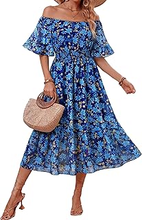 Women's Summer Boho Off Shoulder Midi Dress Ruffle Sleeve Smocked Elastic Waist Flowy Dresses