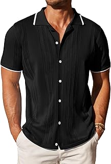 Men's Knit Button Down Shirt Vintage Short Sleeve Polo Shirts Casual Beach Tops