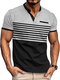 Mens T-Shirts Short Sleeve Button Casual Stylish Basic Tees Work Striped Shirts Henley Summer Lightweight Stretch Top