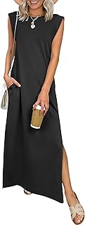 Women Summer Casual Sleeveless Maxi Dress 2026 Crewneck Loose Split Wrinkle-Free Beach Travel Vacation Long Sundress