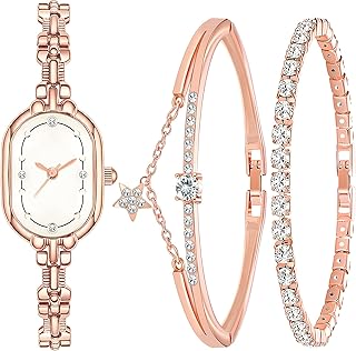 3 Pieces Women Silver Watch Bracelets Set Fashion Costume Jewelry Stainless Steel Silver Plated Oval Wristwatch Diamond Bangle Bracelet Watch Jewelry Set for Women