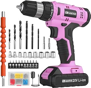 FADAKWALT Cordless Drill Set, 20V Electric Power Drill With Battery And Charger, 30N Torque, 21+1 Settings, 3/8-Inch Keyless Chuck, Driver Bits Kit, LED Light (Pink)