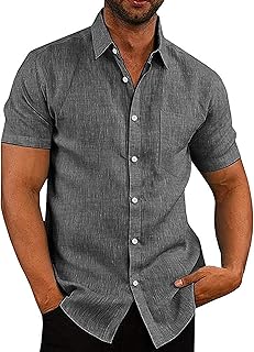 Men's Casual Button Down Shirts Short Sleeve Linen Shirts Summer Beach Dress Shirt