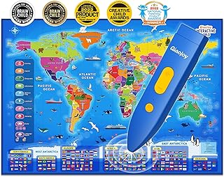 Qiaojoy Bilingual Interactive World Map for Kids Learning and Educational Toys, Talking Electronic Kids World Map i-Poster Geography Games Ages 3 to 12 Years Old, Custom Talking Birthday Gifts Card