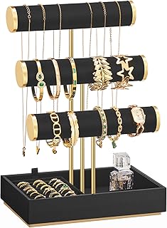 SONGMICS Bracelet Holder Stand, Jewelry Display Stand, Jewelry Organizer, with 3 Tiers and Velvet Tray, Removable Ring Holder, Ink Black UJJS027B01