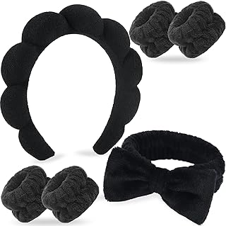 Zkptops 6Pcs Spa Headband for Washing Face Wristbands Set Women Bubble Makeup Sponge Terry Cloth Padded Puffy Skincare Headband Bow Tie Hairband Cute Non Slip Thick Hair Accessory Gifts(Black)