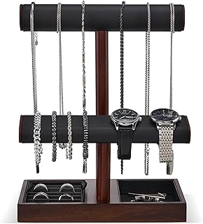 ProCase Watch Holder Stand for Men, Gift for Him Dad Father Boyfriend, Wood Jewelry Display Rack, Necklace Hanger Organizer for Chains Bracelets Rings -Brown