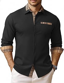 Men's Long Sleeve Dress Shirts Plaid Collar Regular Fit Untucked Casual Button Down Shirt