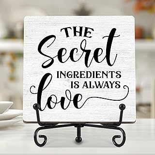 Kitchen Signs for Counter, Kitchen Decor and Accessories for Table Shelf, The Secret Ingredient is Always Love Rustic Wood Plaque Kitchens Decorations with Iron Stand - 5.12x5.12 Inches - E06