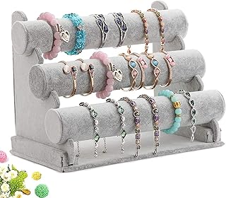 Wudygirl Triple Bracelet Holder Velvet Jewelry Display Stand Watch Bangle Bar Necklace Storage Organizer Gray (Ice Velvet 3 Tier)