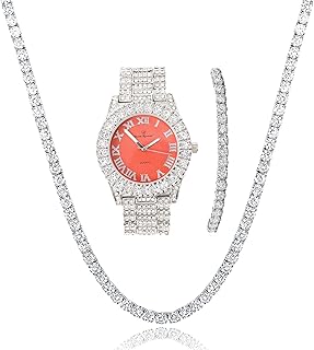 Women's Big Rocks Bezel Colored Dial with Roman Numerals Fully Iced Out Watch and Matching Beautiful Sparkling Tennis Necklace & Bracelet Jewelry Set - ST10327LA 3pc Set