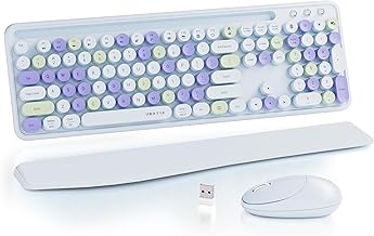 UBOTIE Wireless Keyboard and Mouse Combo with Phone Holder Wrist Rest, Round Colorful Keys, Power Switches, 2.4GHz USB Receiver, Full-Size QWERTY Layout for PC Laptop(Light-Blue)