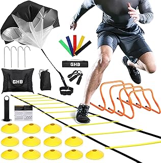 GHB Agility Ladder,Football Training Equipment Set,4 Agility Hurdles, 20 feet12 Rungs Speed Ladder,12 Disc Cones,Resistance Parachute, Jump Rope, 5 Resistance Bands
