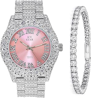 Womens Iced Solitaire Bezel Watch & Tennis Bracelet Set, 44mm Case
