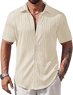 Mens Casual Textured Shirts Knit Summer Beach Vacation Short Sleeve Button Down Tops (S-XXL)
