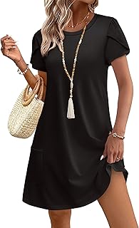 Womens Summer Dresses 2026 Tulip Petal Short Sleeve Crew Neck Casual Dresses with Pockets S-3XL