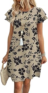 Womens Summer Dresses 2026 Ruffle Sleeve Round Neck Loose Swing Sundresses with Pockets Plain/Print