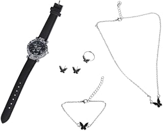6pcs/set Luxury Watch Women Rings Necklace Earrings Bracelet Set Butterfly Leather Strap Watches Lady Wristwatch