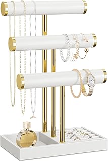 bussdis 3 Tier Bracelet Holder Display - White Leather Bracelet Holder, Detachable T Bar Jewelry Holder Organizer for Bracelet, Necklace, Earrings, Rings, Watches, Bangle