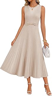 Womens Spring Sleeveless Midi Sweater Dress 2026 Summer Casual Pleated A Line Flowy Knit Long Dresses with Belt