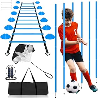 Vztipki Speed & Agility Training Equipment-20ft Agility Ladder, 6 Poles, 12 Soccer Cones, Resistance Parachute, Jump Rope, Soccer Football Basketball Sport Training Set for Kids Youth Adults