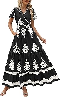 Womens 2026 Summer Casual V Neck Boho Maxi Dress Flowy Aline Bell Sleeve Tiered Floral Dresses with Pocket
