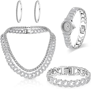 5 Pcs Hip Hop Jewelry Set with Miami Link Chain Necklace Bracelet Bling Crystal Diamond Watch Rhinestone Earrings (Silver, Women)