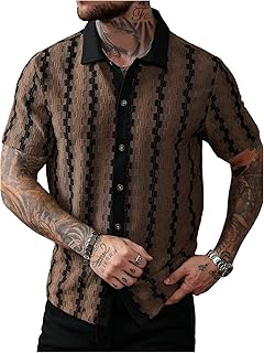 Men's Summer Button Down Shirt Casual Textured Short Sleeve Collared Striped Vintage Beach Shirts
