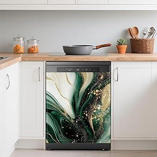 Green Marble Dishwasher Magnets Decorative Cover,Gold Glitter Waterproof Magnetic Dishwasher Cover Panel,Refrigerator Magnet Cover for Kitchen Home Decor 23x26 Inch