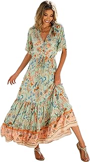 Womens Summer Cotton Short Sleeve V Neck Floral Print Casual Bohemian Midi Dresses