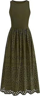 Women Summer Dresses 2026 Casual Sleeveless Crewneck A-Line Boho Lace Eyelet Cotton Tank Maxi Dress with Pockets