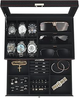 Kukikan Watch Jewelry Box Organizer, 6-Slot 2-Layer Watch Case and Sunglasses Storage with Large Glass Lid, Men's Jewelry Box with Lock, Watch Holder Display Case, Gift for Men Women