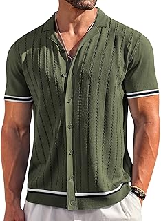 Men's Short Sleeve Knit Shirt Casual Button Down Shirt Vintage Striped Knitted Golf Beach Tops