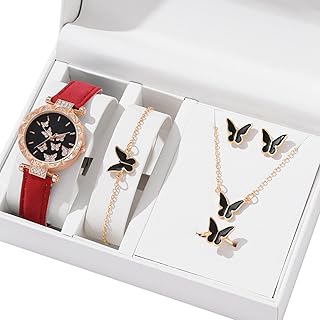 YUELER 6pcs/Set Luxury Watch Women Rings Necklace Earrings Bracelet Set Butterfly Leather Strap Watches Lady Wristwatch