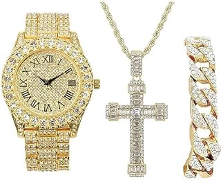 Luxury Mens Iced Out Tennis Cross Necklace w/Diamond Quartz Wristwatch - Be Lit & Choose The Matching Blinged Out Cuban ZZ Bracelet Set - ST10327TCR Sets