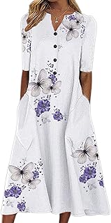 Womens Summer Boho Floral Maxi Dress Button V Neck Loose Casual Beach Vacation Dress with Pockets