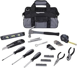 Amazon Basics 65 Piece Home Repair Tool Kit Set With Carrying Bag, Hand Tools, Socket Set, SAE and Metric, Silver, Black