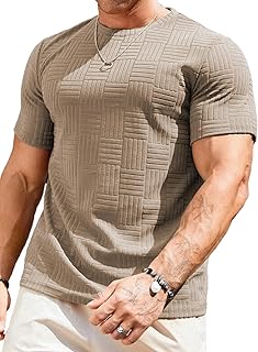 Mens T-Shirt Casual Stretch Solid Crewneck Short Sleeve Tees Textured Shirts
