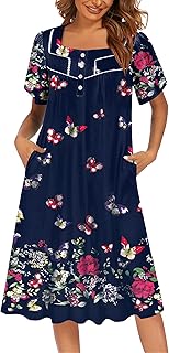 Women's House Dress with Pockets Moomoo Dresses Short Sleeve Mumu Nightgown Lounge Dress Button Down Sleepwear