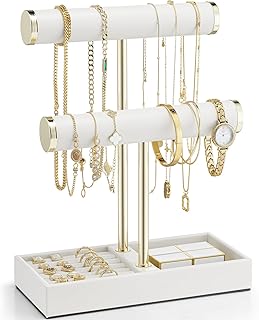 VLANDO 2 Tier Bracelet Holder with Tray - Mothers Day Mom Gifts Leather Jewelry Stand Organizer for Women - Necklace Holder Display for Necklace, Watches, Rings, Earrings, Bangle, Scrunchie - White