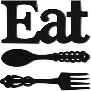 Jetec Set of Eat Sign, Fork and Spoon Wall Decor, Rustic Wood Decoration, Cute Eat Letters for Kitchen and Home, Decorative Hanging Wooden Letters, Country Wall Art for Room(Black)