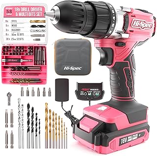 Hi-Spec Pink Cordless Drill Set, 18V Electric Drill with Battery And Charger,Includes Driver/Drill Bit Set for Wood, Steel and Concrete.In a Carrying Case for Home Repair, 58-Piece