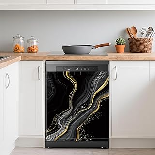Dishwasher Cover,Black Gold Marble Reusable Dishwasher Magnet Cover,Decorative Modern Magnetic Refrigerator Cover Front Panel Cover for Kitchen Decor 23x26 Inch