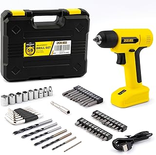 DOWELL 8V Cordless Drill Tool Set 58 PCS, Built-in LED, Variable Speed, Type-C Charge Cable, Blow Molded Case, for DIY, Home Maintenance & Light Drilling, Yellow