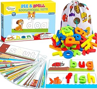 Officygnet Learning Toys for 3 4 5 6 Years Old Boys and Girls, See & Spell CVC Word Builders with Alphabet Cards for Kids Ages 3-5, Matching Letter Game for Preschool Toddler Learning Activities
