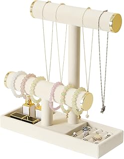 Pangkeep Jewelry Holder Stand,2 Tier Necklace Bracelet Organizer with Tray,Jewelry Displays for Selling Bangles Scrunchie Hair ties Watches and Chains (Beige)