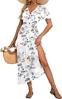 Women's Floral Maxi Dress V Neck Short Flutter Sleeve Beach Vacation Boho Slit Summer Dresses with Pockets 2026